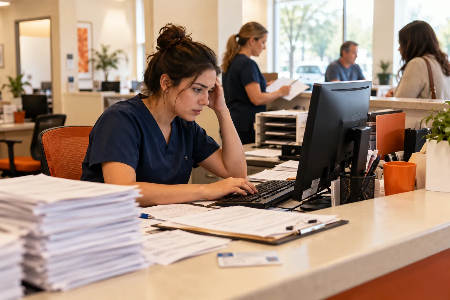 A clinic receptionist retyping a paper intake form into the computer, with stacks of forms on the front desk
