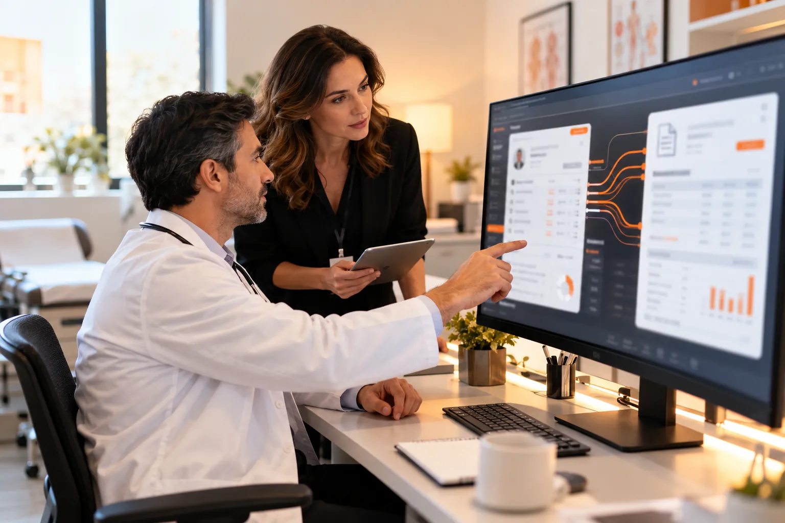A physician and an office manager reviewing an EHR dashboard that syncs with billing