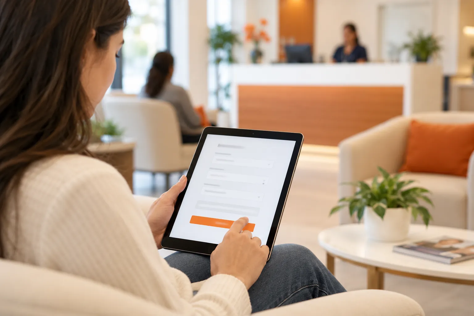 A patient filling out an online intake form on a tablet in a clinic waiting room