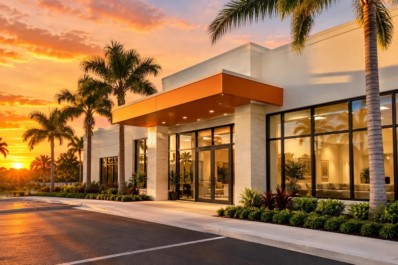 A modern medical clinic among palm trees in South Florida at sunset