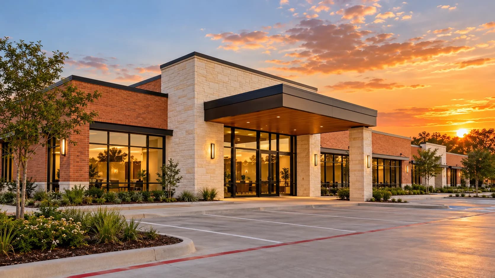 A brick and stone medical clinic building in Houston, Texas at dusk