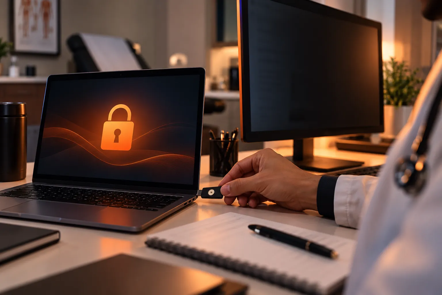 A locked laptop screen and a security key on a medical office desk